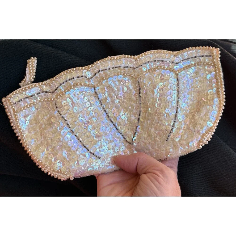 Vintage La Regale Iridescent Sequin Clutch Pearl Beaded Evening Bag Japan